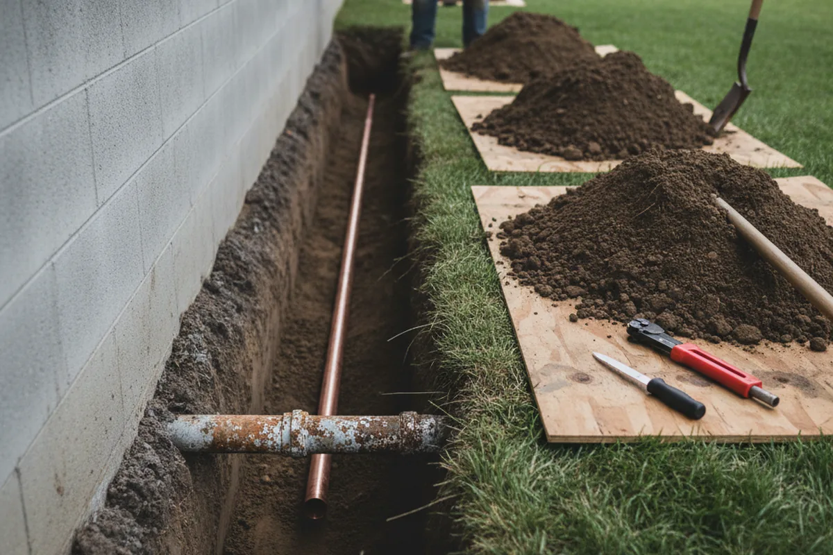 Excavated water line trench during Water Heater Repair in River Pines